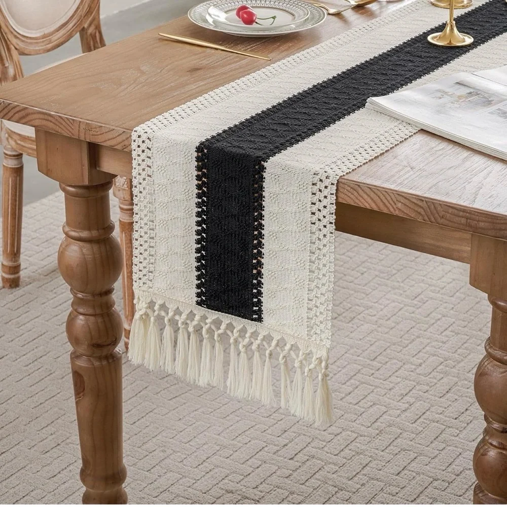 Woven Black & Cream Boho Table Runner 11.8” x 95” | Dining Decor
